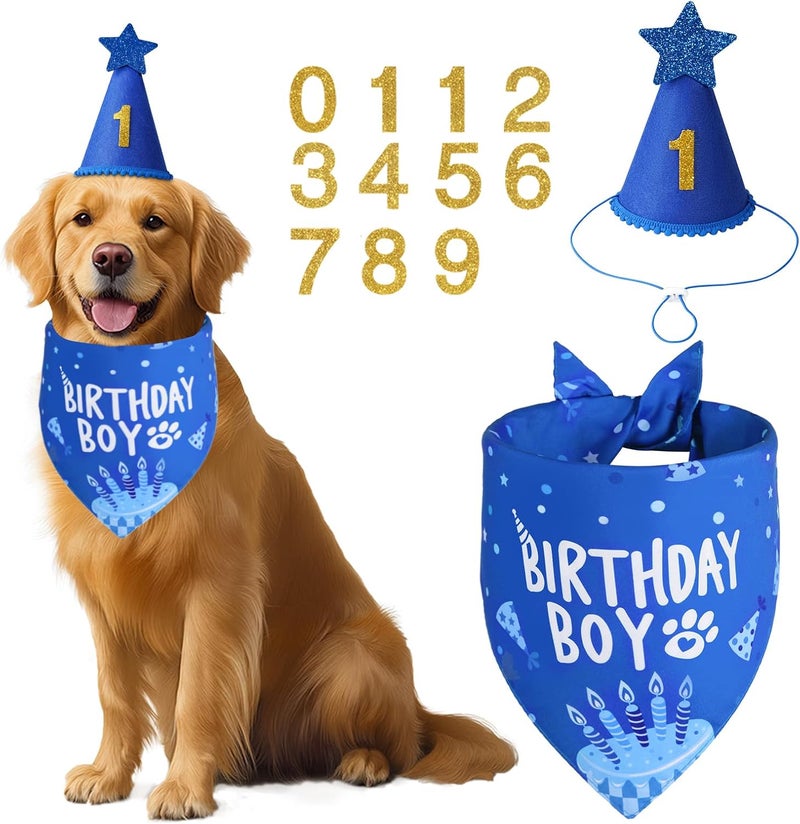 Agroon Dog Birthday Party Supplies, Blue Dog Birthday Set with Hat Bandana Numbers for Large Medium Boy Pets Puppy - Image 1